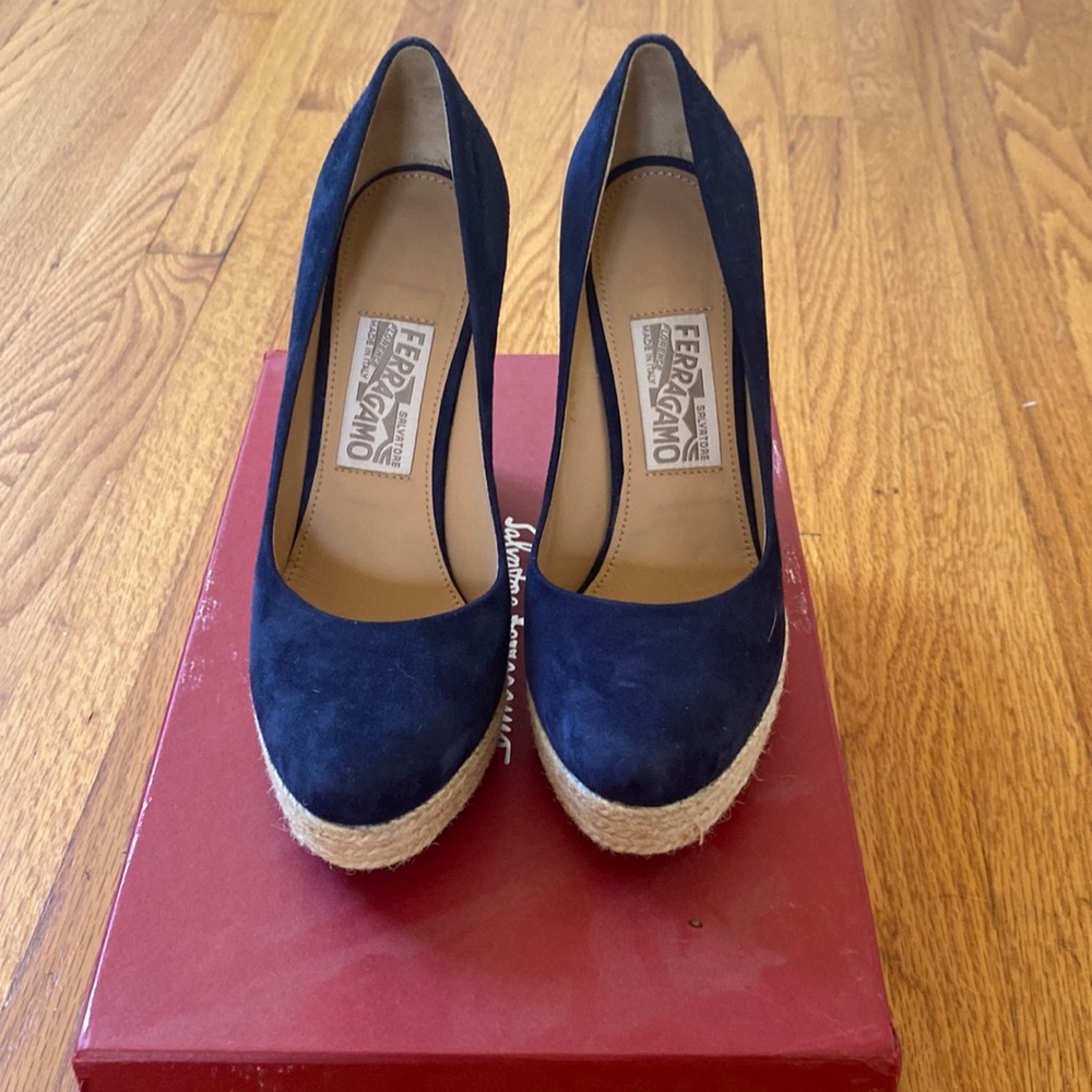 Salvatore Ferragamo blue wedge heels